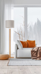 Luxury living interiors composition with a lamp, minimal furniture and plain lighting coming from a large window. Residential Real Estate interiors design.