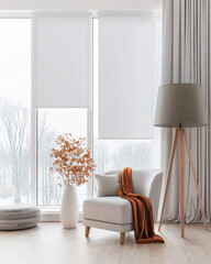 Luxury living interiors composition with a lamp, minimal furniture and plain lighting coming from a large window. Residential Real Estate interiors design.