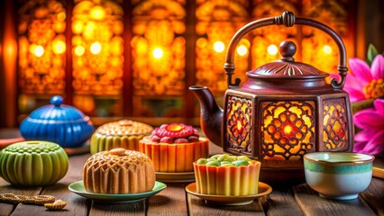 Vibrant lanterns surround ornate porcelain teapot and delicate mooncakes adorned with intricate designs on intricately carved wooden table.