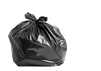 One trash plastic black bag filled and tied isolated on white background