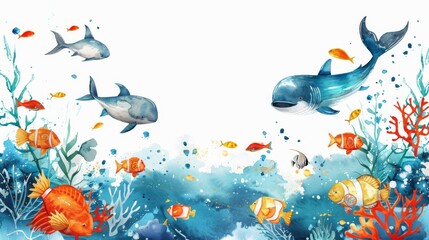 Watercolor painting of various colorful tropical fish and sea creatures with coral reefs and ocean...