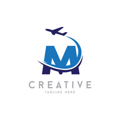 Letter M Air Travel Logo vector icon Design with plane graphic element, symbol, sign for travel agency logo design. airline logo illustration