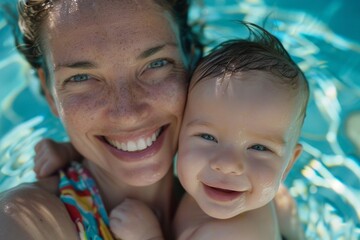 Smiling mother and toddler on the swimming pool