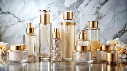 Elegant composition featuring luxurious glass bottles with golden lids and 100% natural ingredients on a marble background with soft lighting.