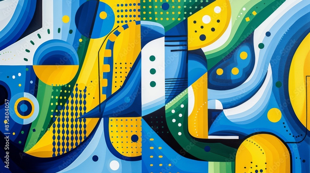 Poster colorful geometric shapes form an abstract cityscape with a vibrant and dynamic composition.