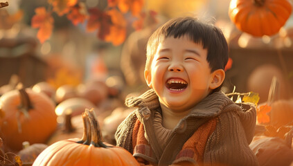 Happy kid smiling in pumpkins at fall festival