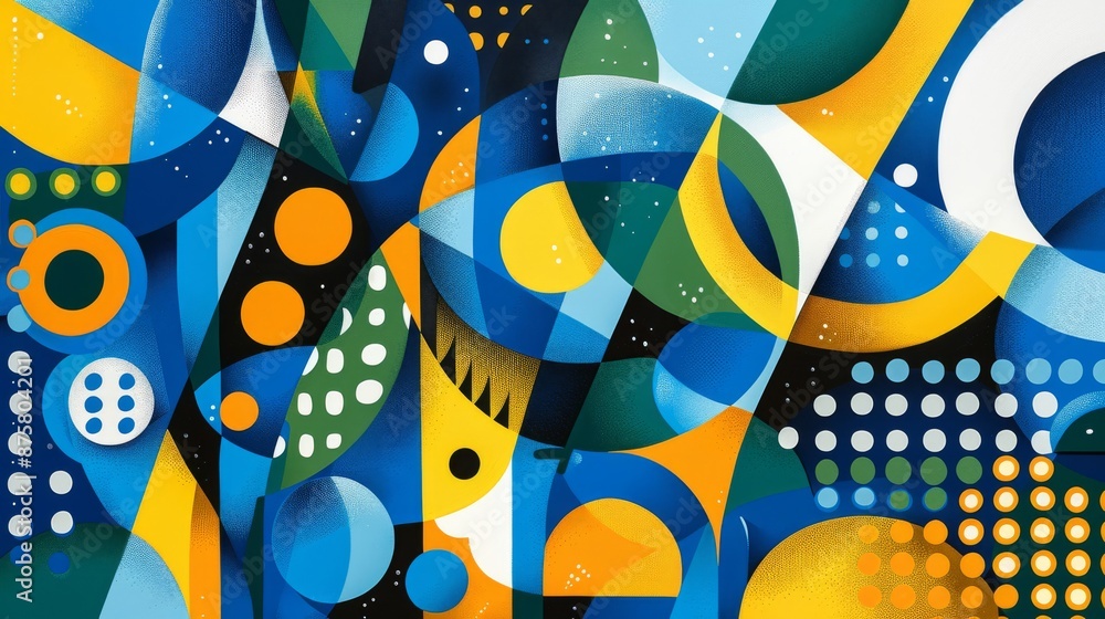 Poster abstract geometric shapes and patterns in blue, yellow, and green create a vibrant and dynamic compo