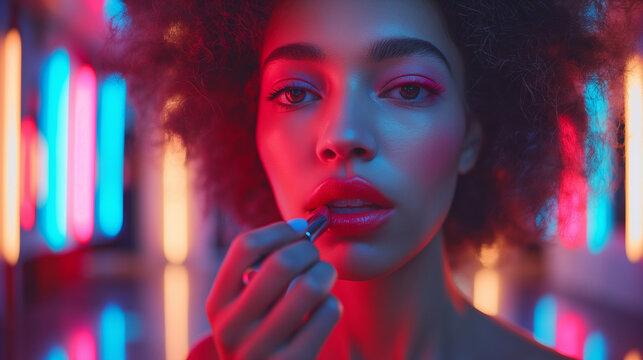 A woman's hands confidently applying bold red lipstick in front of a vanity mirror. The poised and steady motion of her hands reflects a moment of self-care and the transformation power of makeup