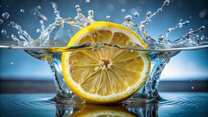 Freshly cut vibrant yellow lemon slice partially submerged in crystal clear water with droplets splashing upwards in slow motion.
