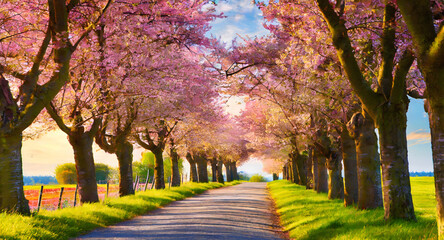 beautiful pink flowering cherry tree avenue in Holzweg. Generative AI.