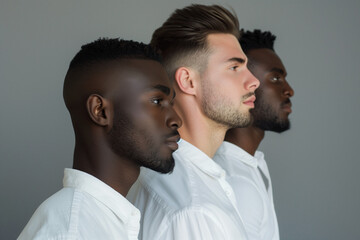 Fototapeta premium Three men stand side by side, two black men and one white man