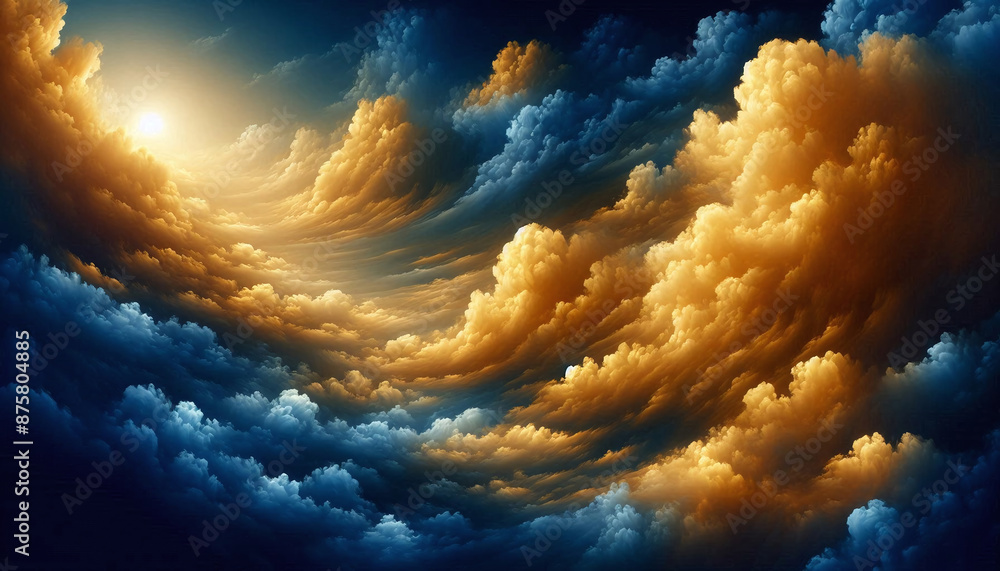 Poster an artistic depiction of of soft, golden clouds floating on a sea of rich, royal blue, creating a lu