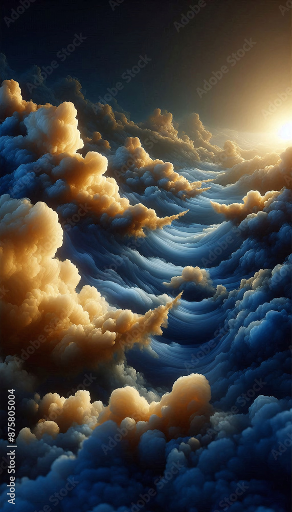 Poster an artistic depiction of of soft, golden clouds floating on a sea of rich, royal blue, creating a lu