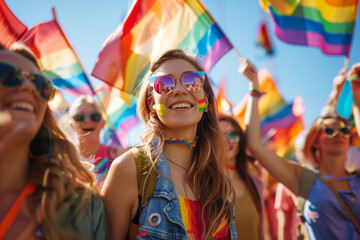 Obraz premium A group of people at an outdoor festival celebrated pride month with rainbow flags and smiles on their faces