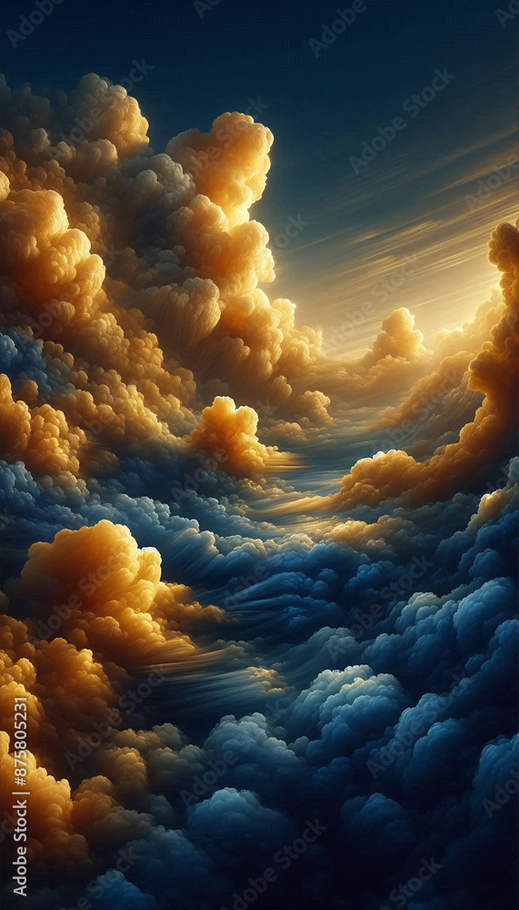 Poster an artistic depiction of of soft, golden clouds floating on a sea of rich, royal blue, creating a lu