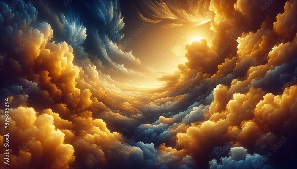 Poster an artistic depiction of of soft, golden clouds floating on a sea of rich, royal blue, creating a lu