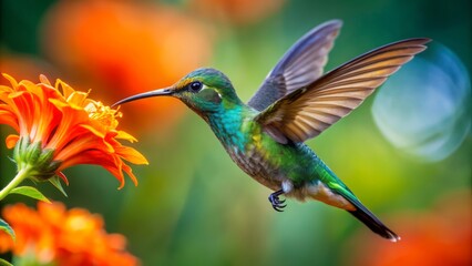Fototapeta premium Vibrant iridescent hummingbird hovers in perfect focus amidst blurred emerald surroundings, sipping nectar from radiant orange flower in mid-air suspensions.