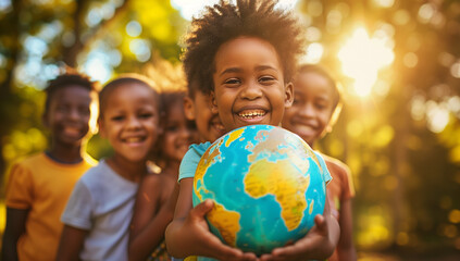 Group of smiling black children holding earth globe in hands