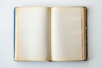 open blank book on white background, top view, mockup style, white space for text, copy of stock photo, high resolution, high quality, high detail, professional photography