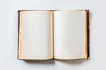 Fototapeta premium open blank book on white background, top view, mockup style, white space for text, copy of stock photo, high resolution, high quality, high detail, professional photography