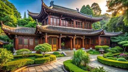 Fototapeta premium Traditional Chinese mansion with intricate carvings, curved tile roof, and ornate wooden doors surrounded by lush greenery gardens.