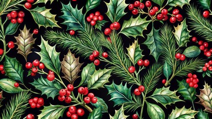 Intricate festive botanical design featuring watercolor evergreen ilex and holly branches with vibrant red berries on a black background.