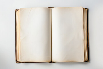 Fototapeta premium open blank book on white background, top view, mockup style, white space for text, copy of stock photo, high resolution, high quality, high detail, professional photography