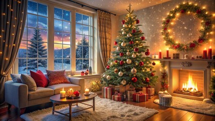 Obraz premium Snow-covered Christmas tree with gifts and twinkling lights stands alone in a silent, misty winter wonderland forest scene.
