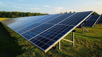 A serene shot of a solar farm in a rural area illustrating the increasing adoption of renewable energy sources as a critical component of sustainable development