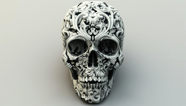 Ornate skull with elaborate patterns and carvings, showcasing intricate craftsmanship