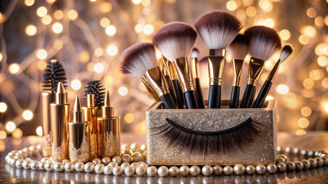 Dramatic close-up of luxurious cat eye mink lashes on a makeup palette surrounded by glamorous beauty essentials and flowers.