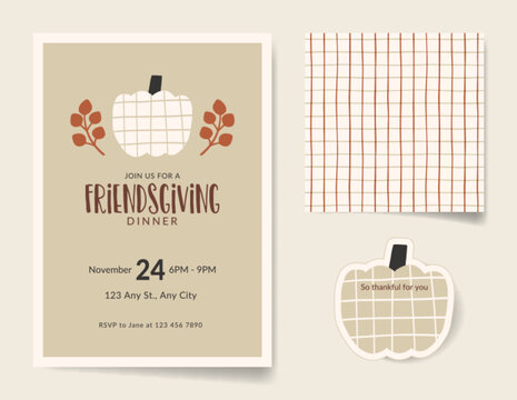Set of Thanksgiving Day invitation card template, place card, and seamless pattern featuring hand-drawn pumpkin and leaves. Modern and minimal design. - Powered by Adobe