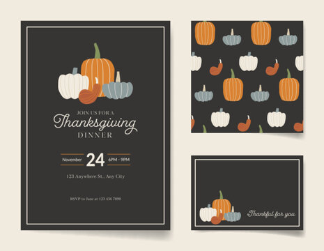 Set of Thanksgiving Day invitation card template, place card, and seamless pattern featuring hand drawn pumpkins and squashes. Modern and minimal design.