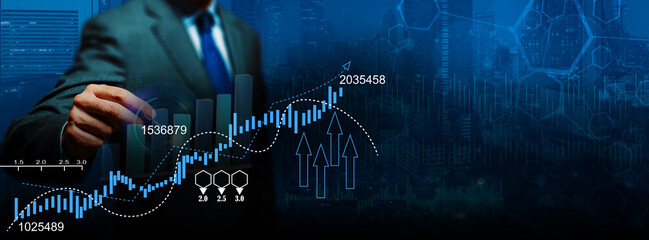 interest rates and dividends, with a businessman examining the economic growth graph for potential investment growth. financial investment in business, revenue development, marketing, and profit