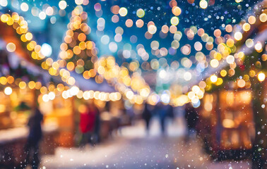 blurred christmas market with defocused lights at the evening, shiny decoration background. Generative AI.