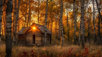 Fototapeta premium Cabin in the Woods at Sunset