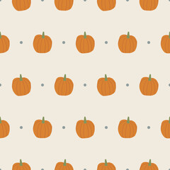 Simple and minimalistic seamless pattern with hand drawn pumpkins on cream background. Applicable for autumn party decoration, stationeries, wrapping paper, textile, and more.