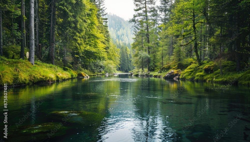 Poster sunlight illuminates tall trees in a tranquil forest by a serene stream, creating a peaceful atmosph