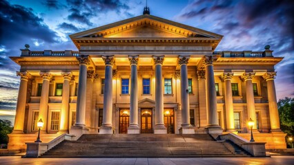 Fototapeta premium Majestic grandiose Beaux-Arts courthouse facade aglow with soft warm luminescence against a deep indigo night sky, columns and pediments prominent.