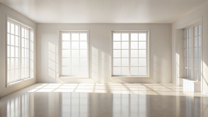 Softly diffused, creamy white background with blurred natural light filtering through minimalist windows, casting subtle shadows on textured walls.