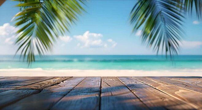 A mock-up of an empty wooden table with a place to copy text, against the background of a summer beach, sea, waves, pool, green palm trees around.