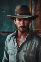 Man in a green shirt and hat with a rugged look standing against a weathered wooden backdrop
