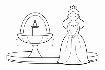 Children's simple coloring book page Princess with a fountain vector illustration