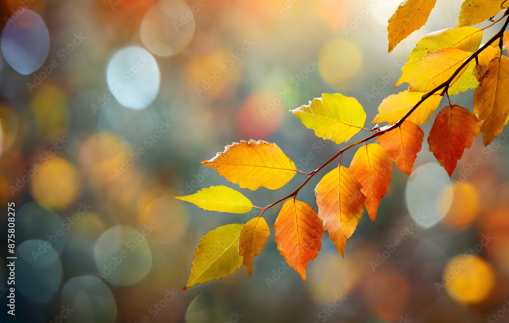Poster bright autumn colored fall leaf branch on blurred abstract background. generative ai.