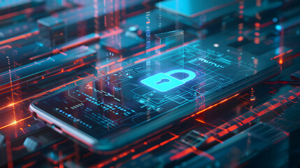 Obraz premium digital illustration of cybersecurity data protection, padlock symbol smartphone screen display neon lights. Technology abstract password cyber security hacker business financial sensitive information
