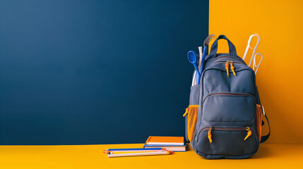 Back to school background with backpack and office supplies. School set, student accessories. Copy space. Clean color background.