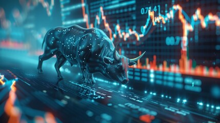 Obraz premium Digital Bull Market - 3D Render of a Bull on a Digital Stock Chart