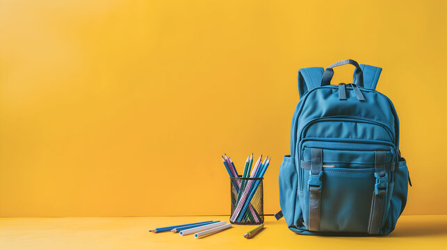 Back to school background with backpack and office supplies. School set, student accessories. Copy space. Clean color background.