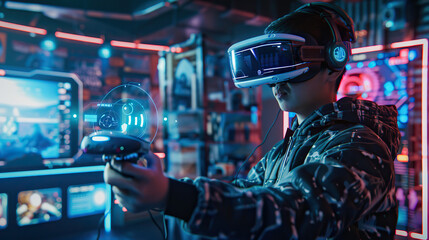 Immersive Virtual Reality Gaming: Futuristic High-Tech Experience with VR Headset and Controllers.