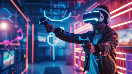Immersive Virtual Reality Gaming: Futuristic High-Tech Experience with VR Headset and Controllers.